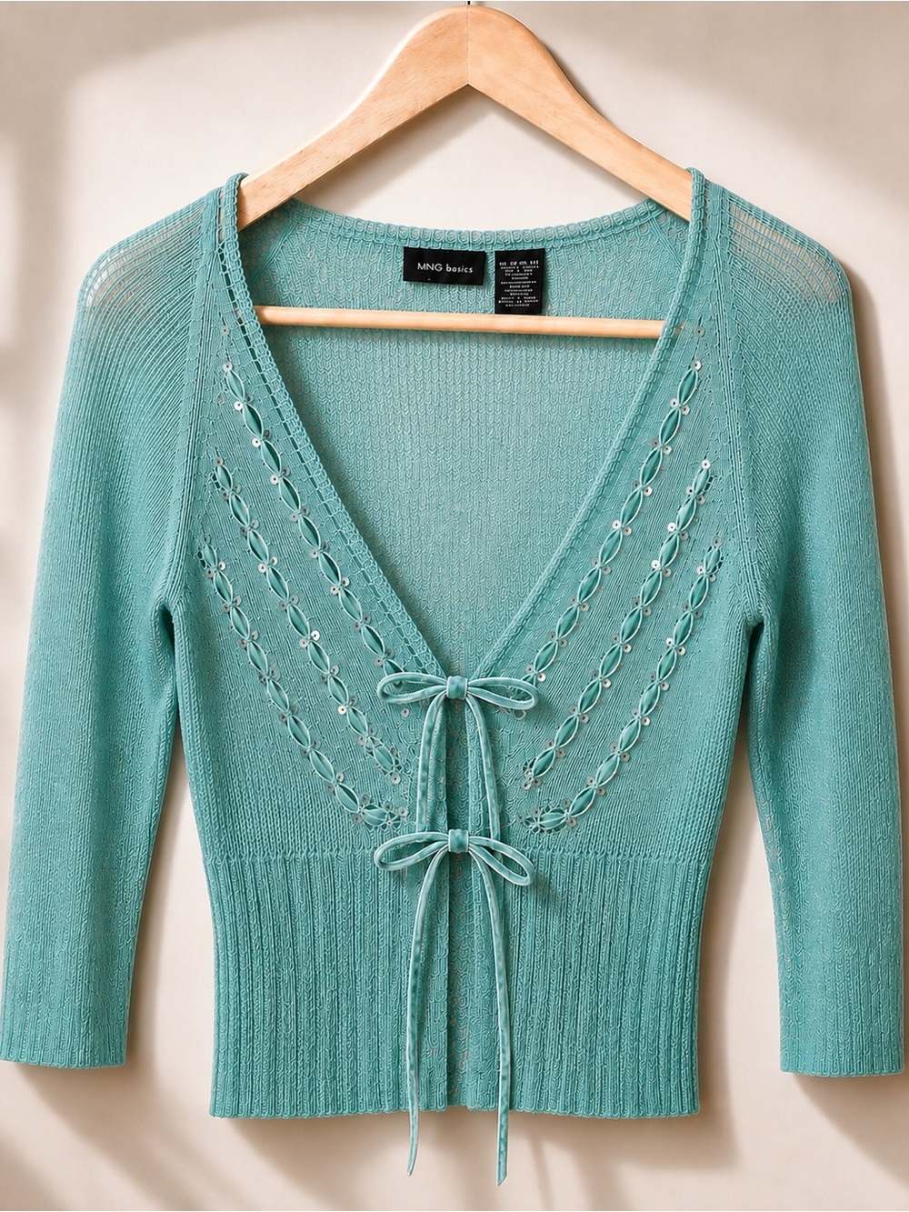 Vintage Mix It Petite Aqua Velvet Ribbon Sequin Sweater Y2K Coquette Size S
